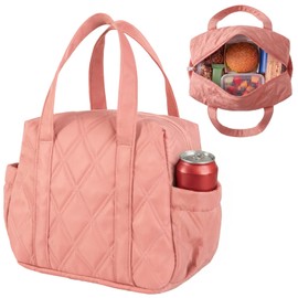 Quilted Puffer Lunch Bag for Women, Insulated Lunch Tote with Foil Lining, Leak-Resistant Reusable Lunch Cooler Bag, Roomy Soft Lunch Box for Work, School, Picnic and Travel (Dark Pink)