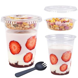 TOFLEN 50Sets 12 oz Clear Plastic Parfait Cups with Flat Lids (No Hole) Insert and Sporks, Disposable To-Go Crunch Cups No-Leaking Portable Cereal Cups for Yogurt Parfait, Fruits Veggies and Dips