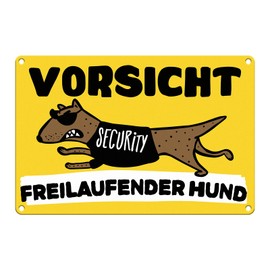 Goodvia Caution Free-Ranging Dog Sign Funny with Picture Security Dog Aluminium Metal Reflective Warning of Dog Signs Yellow x 1 Piece