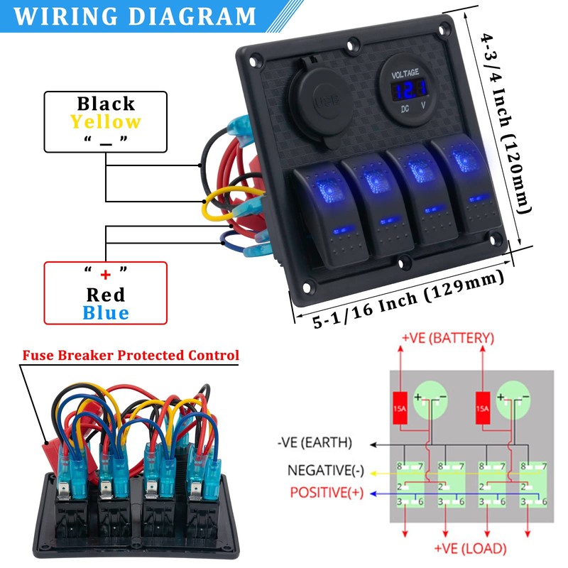 4 Gang Marine Switch Panel, EilxMag Blue Boat Rocker Switch