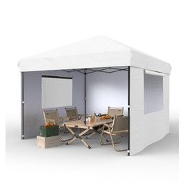 10x10 Pop Up Canopy with 3 Sidewalls - Easy Up Camping Tent with One Button Push Setup - 1 Roller Bag, 3 Adjustable Height, 4 Weight Bags for Deck, Garden, Sports, Beach, Party - White