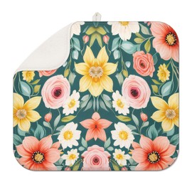 Floral Spring Small Dish Drying Mat for Kitchen Counter 16''x18''Microfiber Absorbent, Foldable, Quick-Dry, Non-Slip,Compact Kitchen Drying Pad for Dishes, Countertops, and Cookware