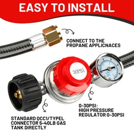 6FT 0-30 PSI Adjustable High Pressure Propane Regulator with 0-60PSI Gauge Gas Flow Indicator, QCC1 3/8" Flare Propane Hose Fits for LP Gas Cooker, Burner, Turkey Fryer, Smoker, Stove, Heater