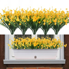 20 Bundles Artificial Flowers for Outdoor Summer Decoration, Spring Grass Camellia,UV Resistant Faux Outsides Plastic Greenery Shrubs Artificial Plants Fake Flowers Planter Home Decor (Yellow)