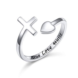 FLYOW Sterling Silver True Love Waits Heart Cross Adjustable Wrap Open Ring for Women Lover Girlfriend, Size 8