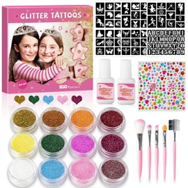 Kit De Tatuaje Con Purpurina Temporal De 12 Colores Para Niños, Con 92 Plantillas, 2 Pegatinas De Diamante, 4 Pegamentos Y 5 Pinceles, Kit De Maquillaje Con Purpurina Para Adu