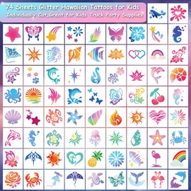 CHARLENT Glittering Temporary Tattoos for Aloha Party Decoration - 74 Individual Sheets Glitter Summer Tattoos for Children and Women, Hawaiian Party Gifts