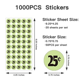 DUGUTUL 1000 pcs 25 Cent Color-Coded Price Stickers for Garage Sale and Flea Market, 3/4" Diameter - Bold Fonts, Clear Visibility, High Visibility, Easy Organization