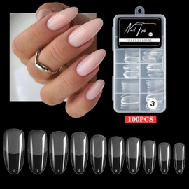 Cycullinyt Almond Round False Nail Tips, 100pcs Pre-Shape Frosted Press On Nails for Nail Extension Nail Art, Fake Clear Nail Tips with Box for DIY Salon 10 Sizes