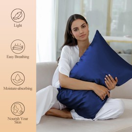 Silk Like Satin Pillowcase Standard Size, Navy Blue Smooth and Cooling Satin-Silk Pillow Cases for Hair and Skin with Envelope Closure, Gift for Women Men, 2 Pack (20x26, Navy Blu)
