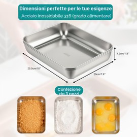 VINATO Set di 3 Vassoi Rettangolari in Acciaio Inox,Teglie per Impanatura in Acciaio Inox,Ciotole per Impanare per Alimenti Come Pangrattato e Farina,25.5x20x4.5cm