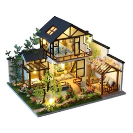 YSWOOD WORLD DIY Miniature House Kit, Tiny House Kit with LED & Music Movement, DIY Wooden Dollhouse Miniature Kit for Adults Teen, Wooden Crafts Lovely Dollhouse Kit, Bamboo Stream Garden