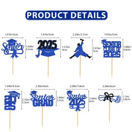 40Pcs Graduation Cupcake Toppers 2025 Blue Glitter Senior Class of 2025 Cupcake Toppers Diploma Grad Cap Cupcake Picks 2025 for Grade Graduation Party Supplies