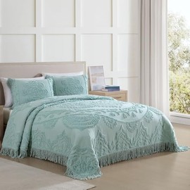 1 Piece Cotton Tufted Floral Pattern Chenille Bedspread Twin Size Intricated Texture Fringe Borders | All Seasons Aqua BlueCoquette Bedding Aesthetic Look Luxury Coverlet Soft Cozy Plush Feel