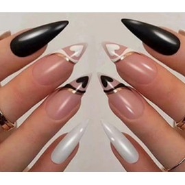 Press on Nails French Tip Black & White Heart design with Gold Trim Almond Fake Nails,Oval Shape Press on Nails Medium Length False Nails with Glue, Acrylic Nail Art for Women Girls Kids Stick on Nails 24Pcs