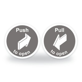 Set of Push to open, Pull to open Signs, 95mm Waterproof Indoor/Outdoor Stickers, Door Signs (Grey)
