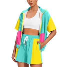 UOUA Women's 80s Color Block Outfits 2 Piece Tracksuit 90s Party Costume Summer Zip Up Windbreaker & Short Sets, Mintgreen, Small
