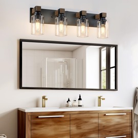 Farmhouse Bathroom Vanity Light Fixtures, Rustic 4-Light Wood Vanity Lights for Bathroom, Vintage Black Wall Sconces Lighting, Light fixtures Over Mirror, with Glass Shade