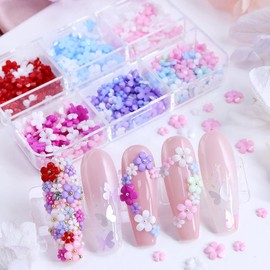 MOLILON 6 Grid 3D Flower Nail Art Charms, Cure Colorful Acrylic Floral Nail Charms, 3D Flowers for Nails Half Round Nails Pearls with Pick Up Pen & Tweezer for Women DIY Manicure Accessory