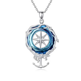 Anchor Necklace 925 Sterling Silver Crystal Compass Pendant Jewelry for Birthday Christmas Gifts Men Women