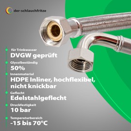 'Reinforced Hose 1/2 "x 1/2ÜM 90 ° Bend, DN13 Flexible Hose For Sanitary with Trinkwasserzu. 30 cm – 2 m