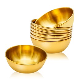 Hoypeyfiy 8 Pack 9cm Stainless Steel Sauce Dishes 4.3oz Mini Individual Saucers Bowl Round Seasoning Food Dipping Bowls Dishes Appetizer Plates for Home Restaurant (Gold)