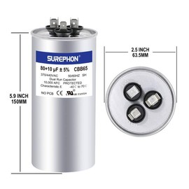 SUREPHON CBB65 Run Capacitor for ac 80/10 uf 80+10 MFD Dual 370-440 Volt, Works for HVAC, Air Conditioners, Heat Pumps