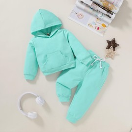 Happy Town Baby Fall Outfits for Girl Boy Long Sleeve Hoodie Top and Long Sweatpants Set Toddler Sweatsuit (Solid Color-Cyan, 18-24 Months)