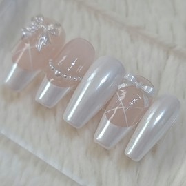 Pearl Shell Ballet Core Handmade Nail Tips - Stiletto / 진주쉘 발레코어 수제네일팁 - 스틸레토