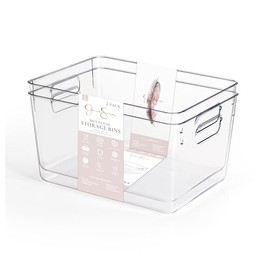 Jessica Simpson 2-Pack Clear Multi-Use Storage Bins – Durable Stackable Organizer Baskets with Handles – BPA-Free Plastic Bins for Pantry, Bathroom, Fridge, Office & More