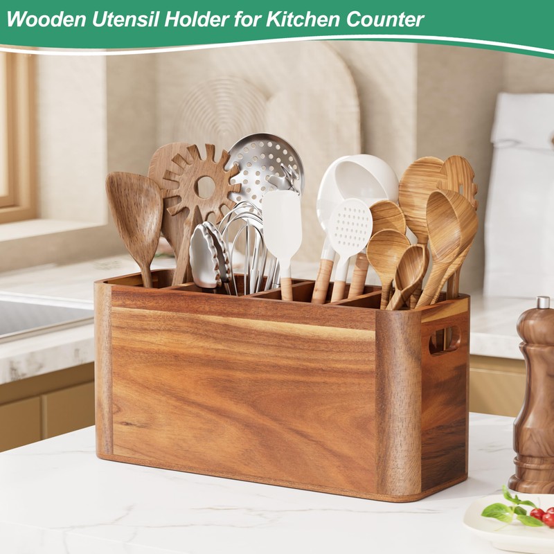 ZUJJAFY Utensil Holder, Acacia Wood Kitchen Utensil Holder for Counter