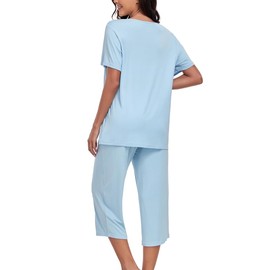 COLORFULLEAF Womens Pyjamas Set Short Sleeve Top and Capri Pants Loungewear Sleepwear Pjs Sets Soft Nightwear with Pockets(Light Blue,XL)