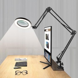 NOEVSBIG Lámpara de escritorio con lupa de 3 secciones y abrazadera grande, lupa con luz y soporte, lupa de escritorio amplia de 10X para...