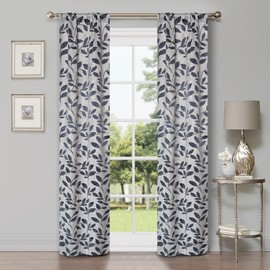 Superior Blackout Curtains, Room Darkening Window Accent for Bedroom, Sun Blocking, Thermal, Modern Bohemian Curtains, Leaves Collection, Set of 2 Panels, Rod Pocket - 26 in x 84 in, White-Navy Blue