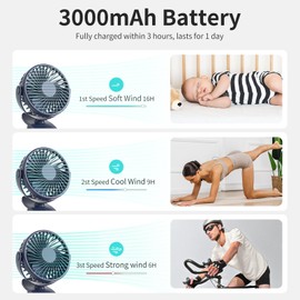 BDXXJ Portable Clip on Fan, 360° Rotate Battery Operated Stroller Fan, 3 Speed Quiet Mini Personal Desk Fan, USB Rechargeable Clooing Fan for Outdoor Camping Golf Cart Stroller Home Office Blue