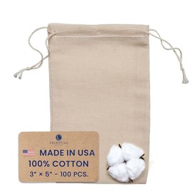 Celestial Gifts Muslin Bags - Drawstring Bags Small 100pcs - 3x5, Reusable Tea Bags, Jewelry Gift, Spice and Cotton Gift Sachet Bags - 100% Cotton - Made in USA - (Natural Hem & Drawstring)