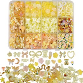 Kikonoke 850 Pieces 3D Butterfly Rose Flower Bow Rabbit Bear Nail Charms Kit with Nail Art Rhinestones Pearls Crystal Gems Nail Slices for Manicure DIY Crafts Jewelry Accessories (Yellow)