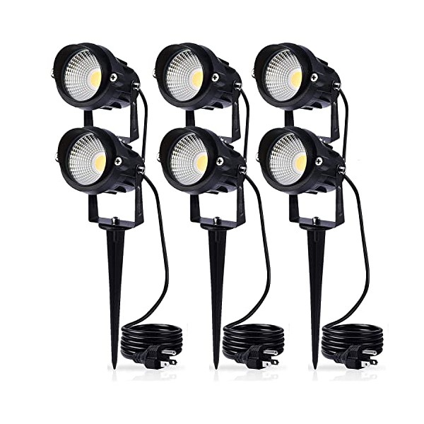 LCARED Led Spotlight Outdoor Landscape Lights Warm White 120V AC Waterproof Garden Spot Lights for Yard with Spiked Stake Patio,Lawn, Wall, Flood,Driveway Flag Lighting with US 3-Plug in (6 Pack)