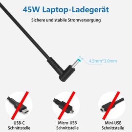 45W Laptop Ladekabel für HP, 19.5V 2.31A Notebook Netzteil Ladegerät für HP Elitebook 830 840 850, Pavilion 11 13 15, Probook 430 440 470, Stream 11 13 14 X2, Spectre Envy 4.5mm 3mm