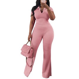 HBQ Women Two Piece Outfit Ribbed Short Sleeve V Neck Polo Top and Flare Pants Casual Lounge Sets Tracksuit -Pink-M
