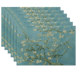 Almond Tree in Blossom Van Gogh Placemats Set of 6,Washable Heat Resistant 12×18 Inch Linen Table Mats Art Place Mats for Party Outdoor Dining Décor