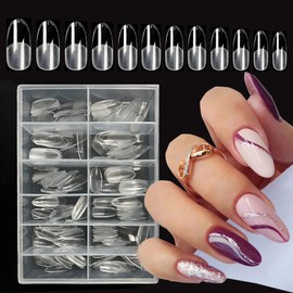 AddFavor 240pcs Oval Nail Tips Clear Full Cover Medium Length Round Fake Nails Acrylic Gel X Nail Tips for Salon and Home Nail Art Manicure 12 Sizes