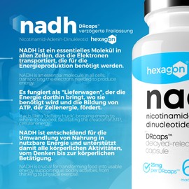 NADH 25mg - +2 Month Treatment - 60 Capsules DRcaps™ with Delayed Release - Cell Energy & Metabolism - Made in France - 60 Vegetarian Capsules - Vegan - Hexagon