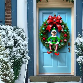 BlissYard Christmas Door Cover Christmas Elf and Wreath Hanging Banner Backdrop Photography 71x35 Inch Front Door Decorations Outdoor Decor Winter Xmas Photo Booths Props（Banner, Not a Real Wreath）