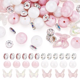 Pandahall Pink Silicone Bead Kit for Pen Keychain, 30pcs 15mm Round Rubber Focal Beads 20pcs Rhinestone Spacer Beads with Butterfly Beads for Bracelet Jewelry Making