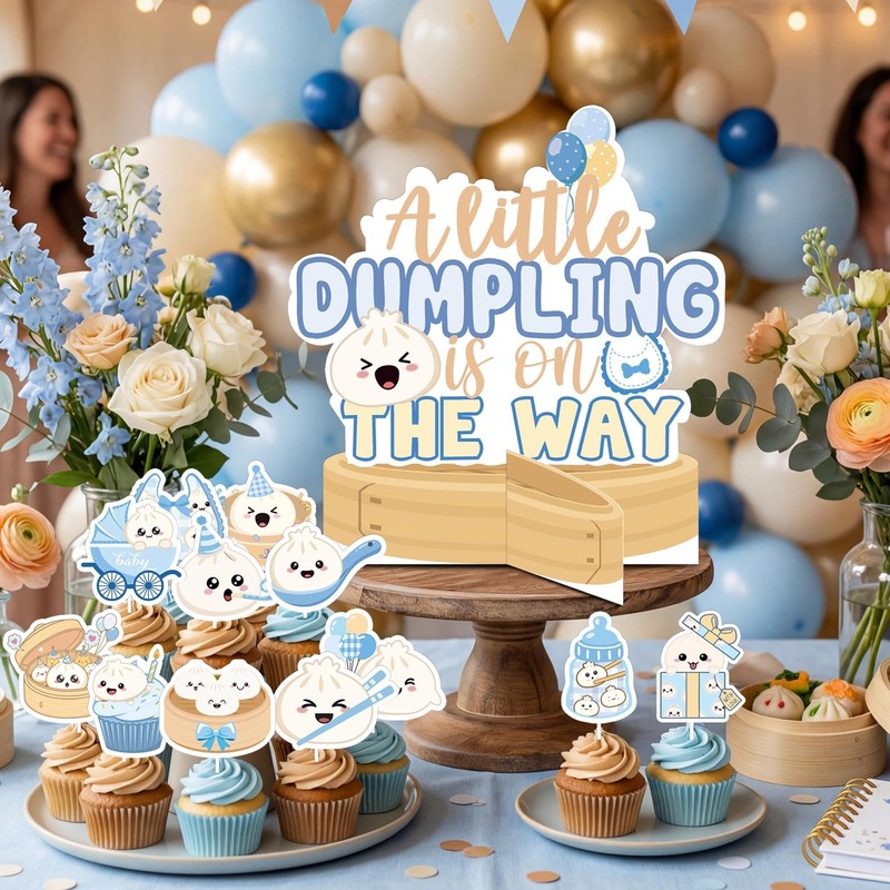 GRULLIN Blue Little Dumpling Baby Shower Cupcake Topper with Themed