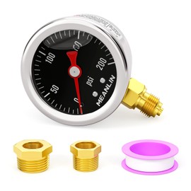 MEANLIN MEASURE 0~200Psi Stainless Steel 1/8" BSP 1.5" FACE DIAL, Glycerin Filled Pressure Gauge, Liquid Filled, Lower Mount(Black) with 1/4" BSP and 3/8" BSP Hex Bushing