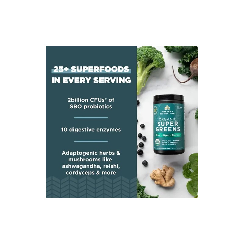 Superalimento Orgánico Ancient Nutrition SuperGreens con Probióticos y Enzimas en