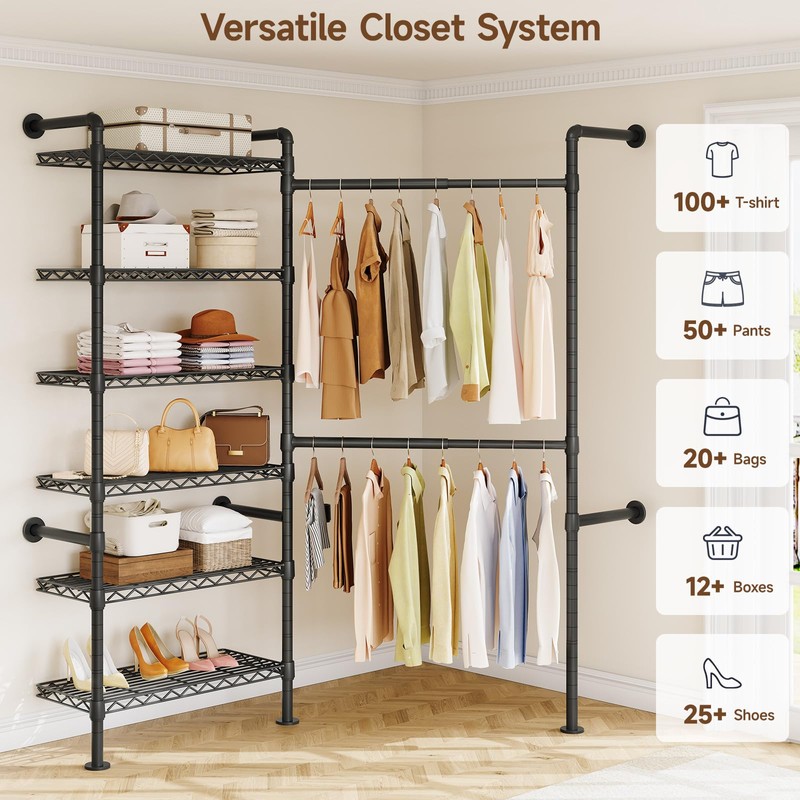 L2 Wall Mounted Closet System, Industrial Pipe Clothing Rack Clothes