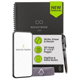 Rocketbook New Core Reusable Spiral Notebook, Executive Size 6x8.8, Black - Lined Pages, App-Connected, Erasable, Durable Cover, Ideal for School, Work, and Creative Projects